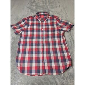 Bruno Milano Mens XL Modern Fit Plaid Button Down Shirt Short Sleeve Red Blue